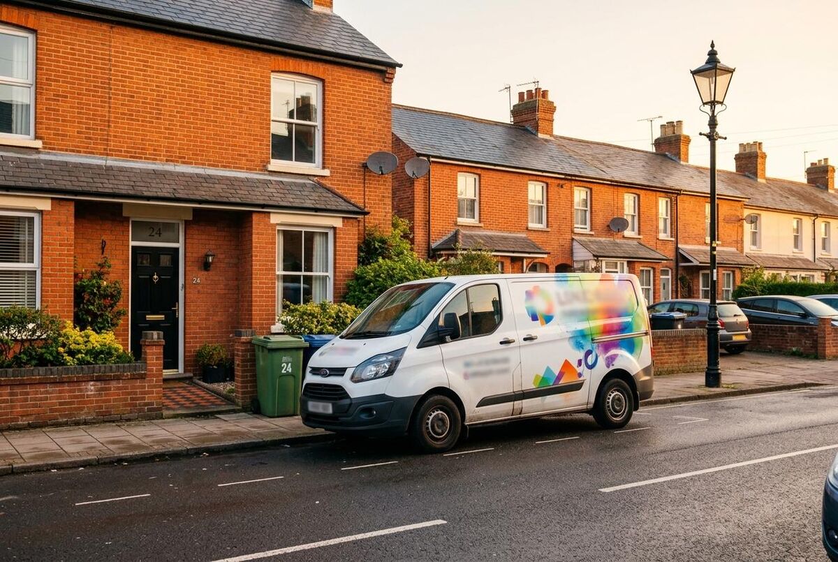 Trade van parked outside a UK terraced house ready for a job