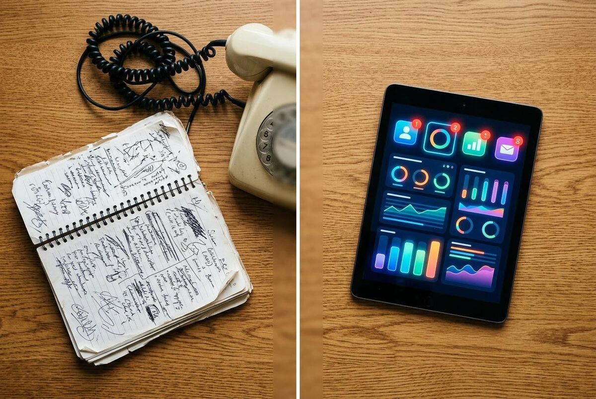 Split comparison showing traditional paper booking system versus digital dashboard on a tablet