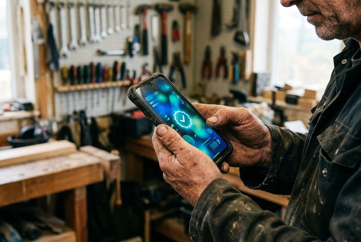 Tradesperson checking their Google Verified badge on a smartphone in a workshop