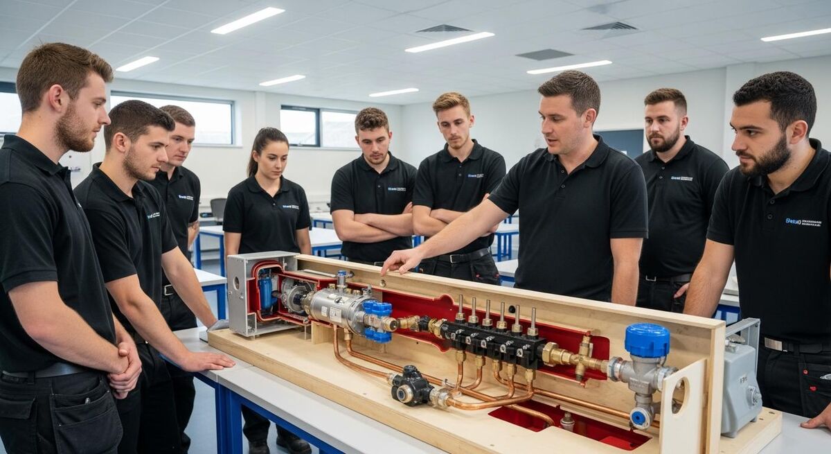 Trades training classroom with engineers learning low carbon heating systems