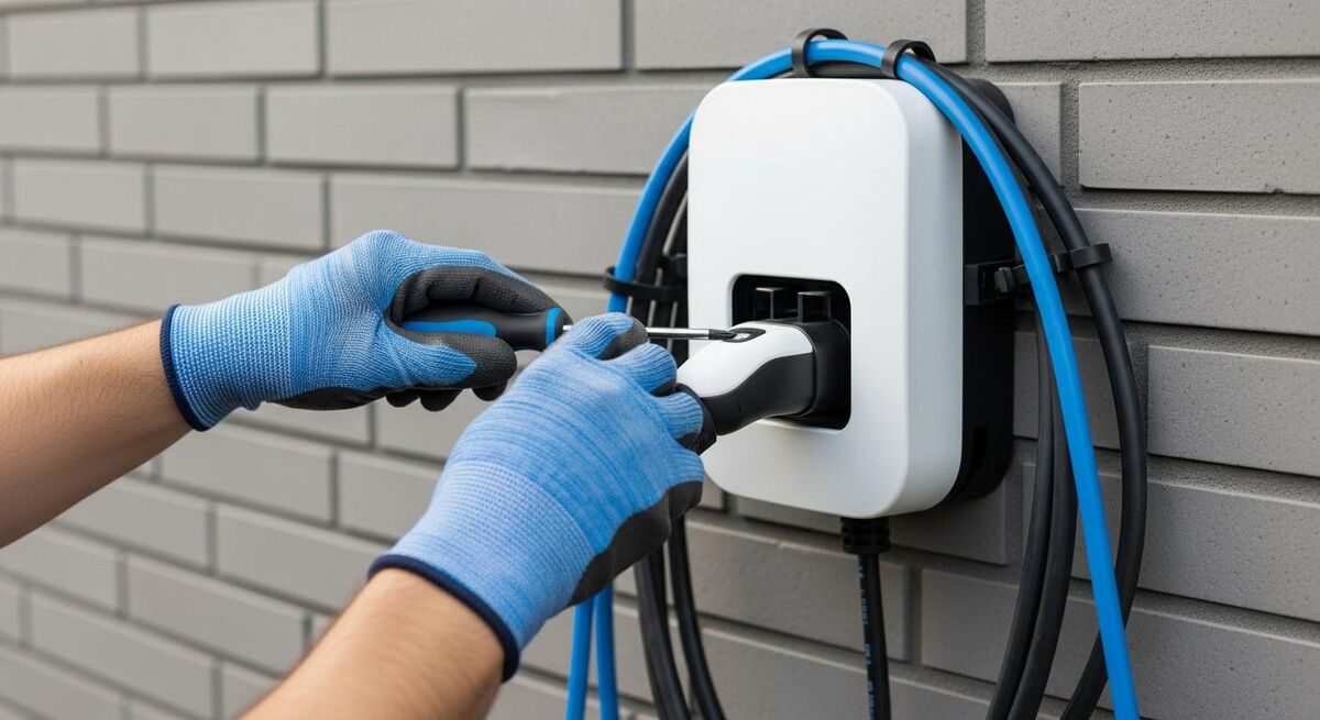 Electrician installing a domestic EV wallbox charger on the side of a UK home