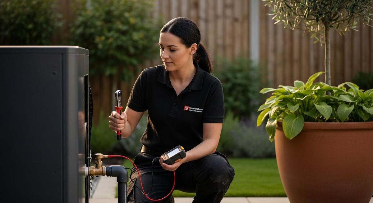 Heat pump engineer commissioning an air source unit on a domestic wall