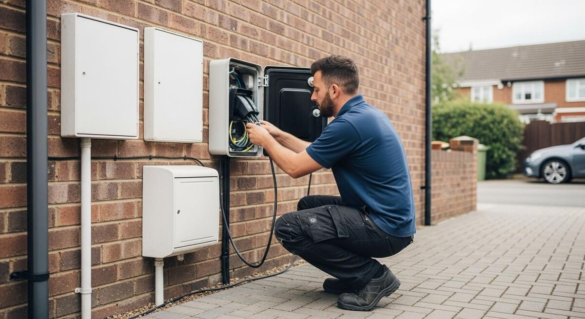 UK electrician installing a domestic EV charger to a residential consumer unit
