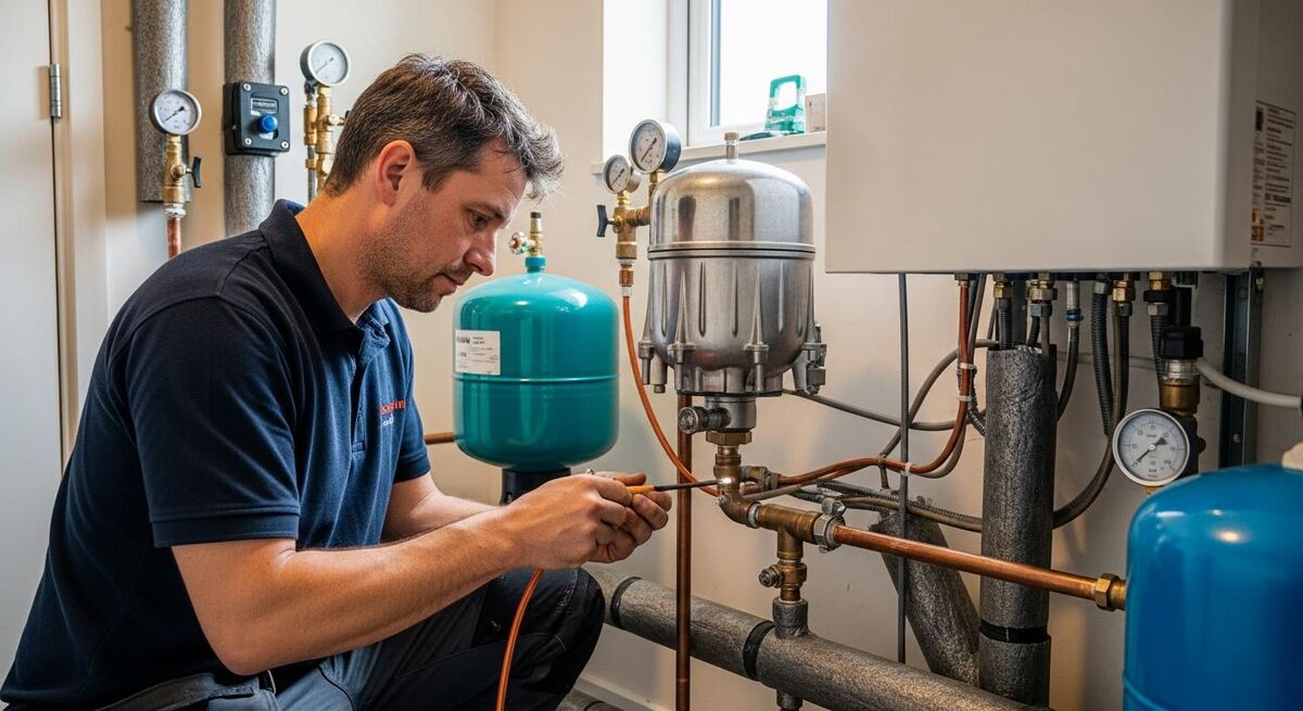 UK heat pump installer working on hydraulic pipework during a training installation