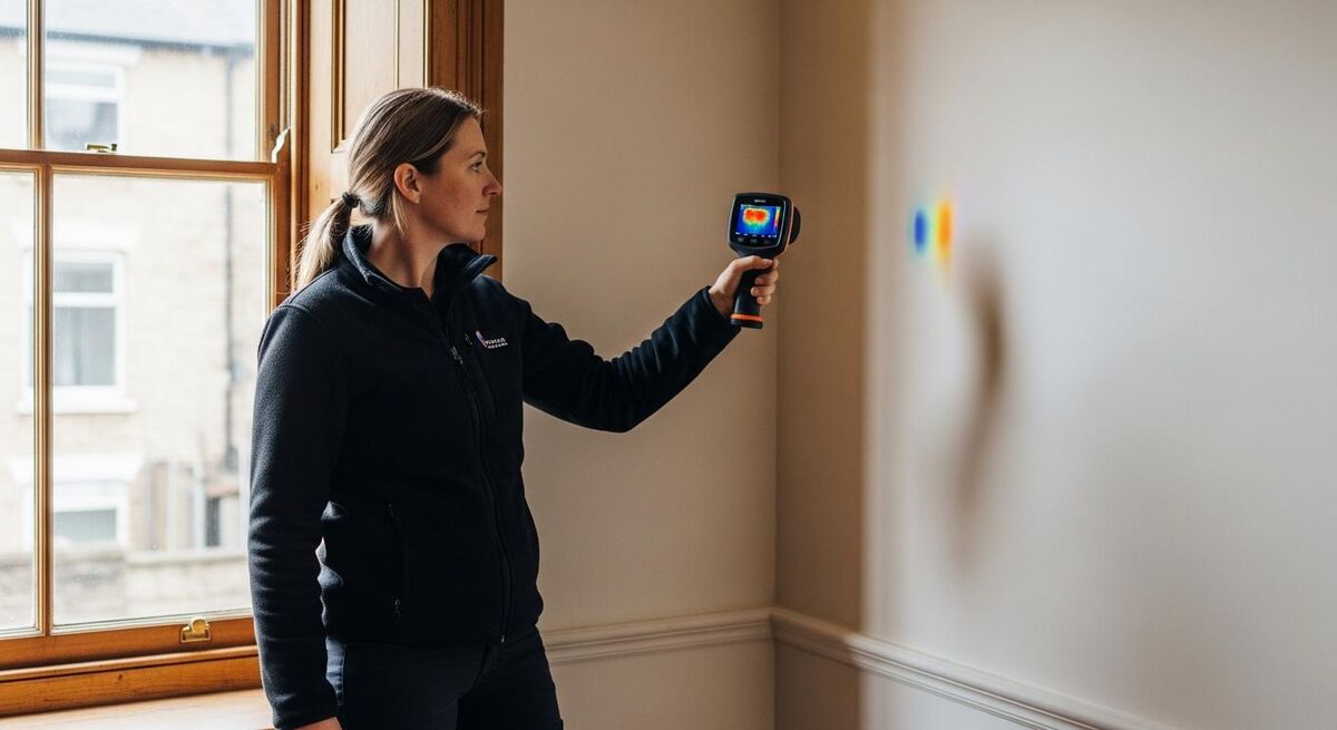 UK retrofit coordinator surveying a Victorian terraced house for insulation and ventilation upgrades