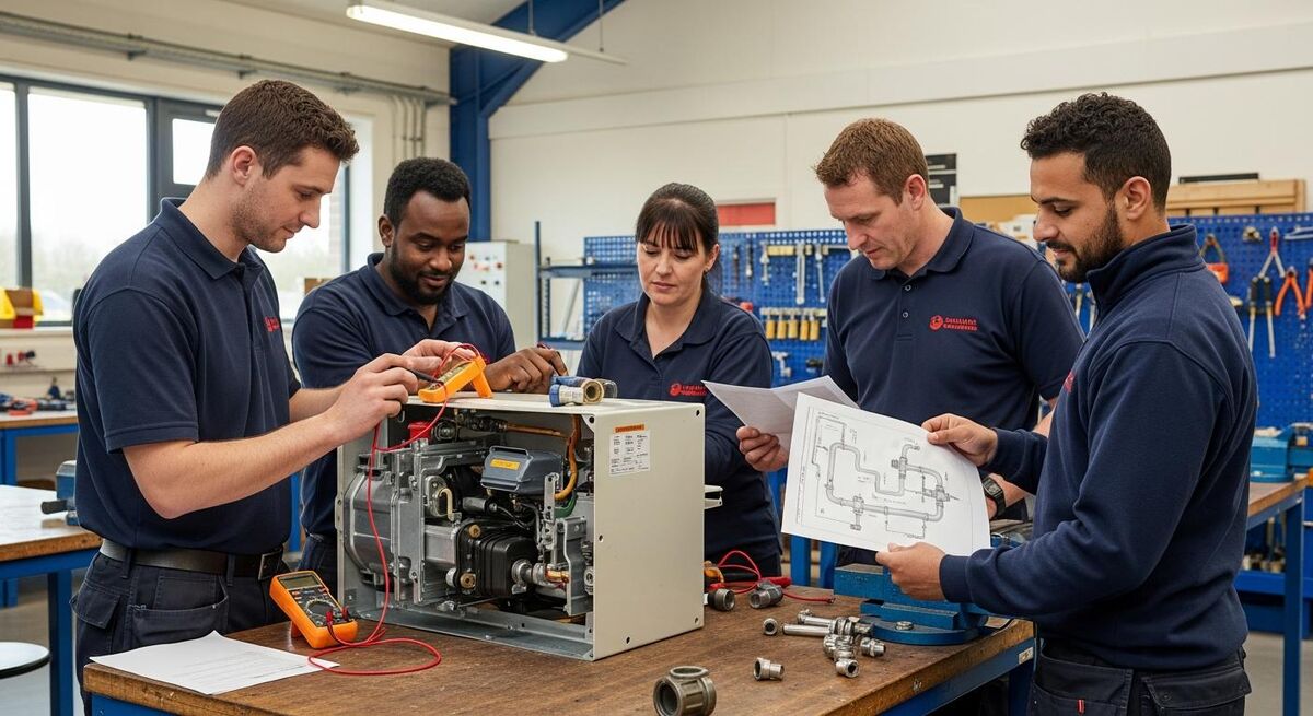 UK trades apprentices in a vocational training workshop learning practical skills