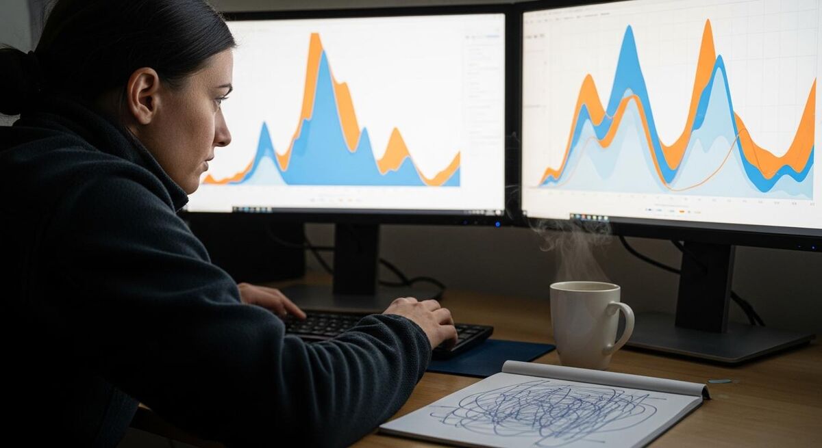 Engineer reviewing colour-coded heat pump telemetry graphs across two desktop monitors