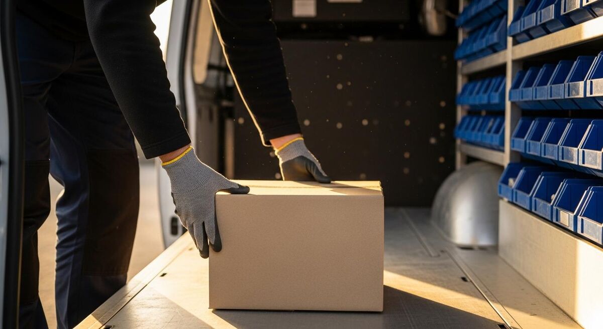 Heating engineer's gloved hands placing a heat pump replacement part into a service van stocked with parts bins
