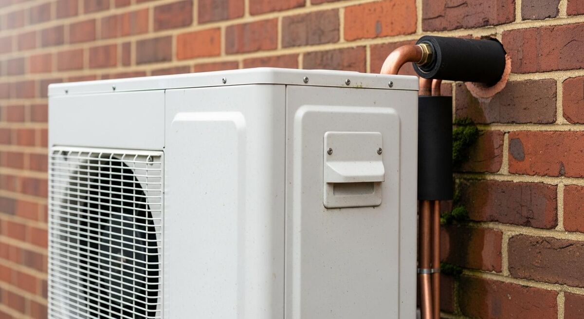 Air source heat pump outdoor unit installed against a brick wall in a UK back garden