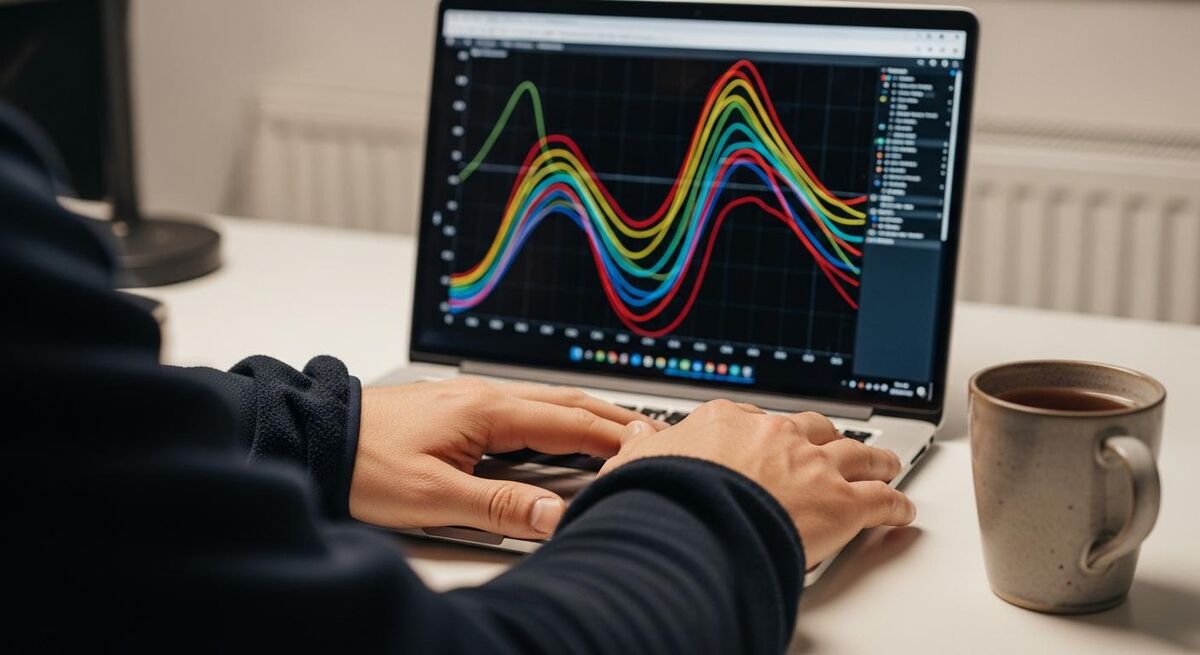 Heating engineer reviewing heat pump telemetry data on a laptop screen