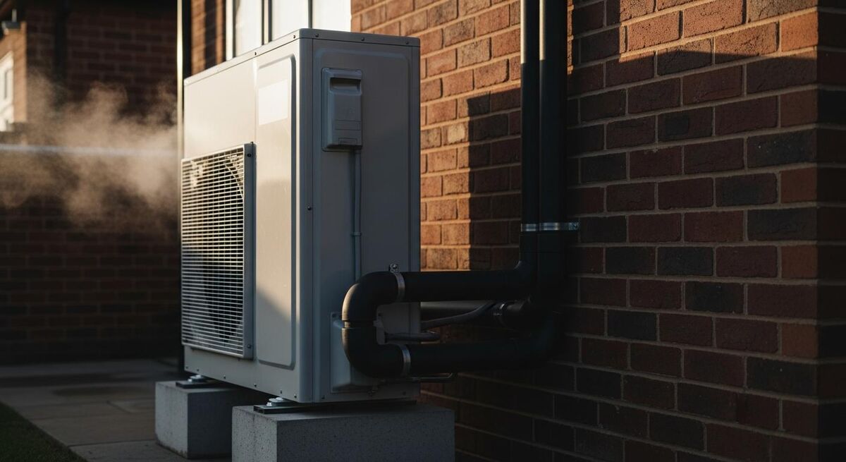 An air source heat pump outdoor unit installed against the wall of a UK home