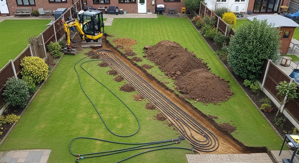 Ground source heat pump horizontal ground loops being laid in a garden trench