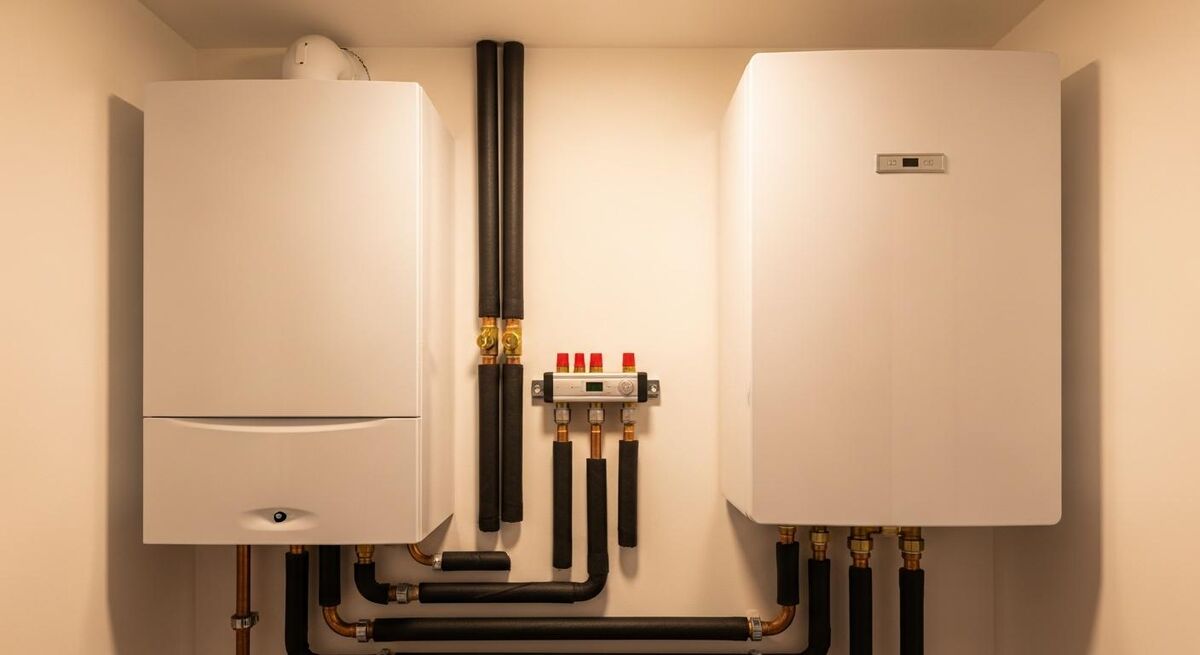 A hybrid heat pump system with both an air source unit and a gas boiler installed in a UK home