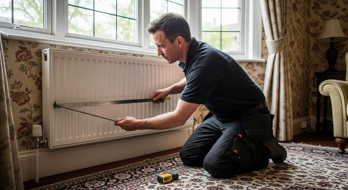 An engineer carrying out a heat loss survey inside a UK home, measuring a radiator
