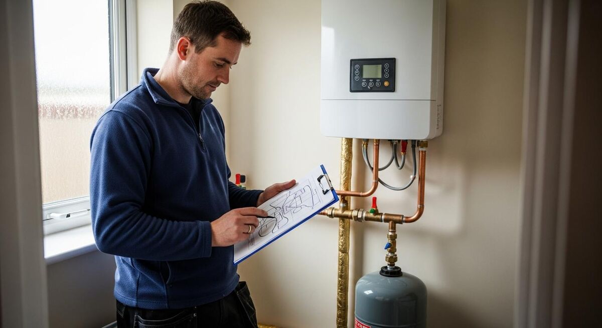 A heating engineer reviewing a heat pump system schematic in a UK plant room