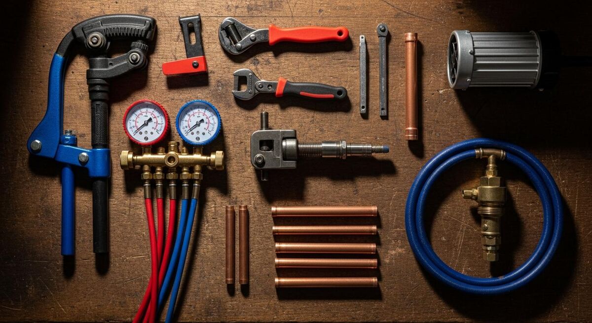 Flat-lay of heat pump installation tools including manifold gauges, pipe cutters and copper fittings