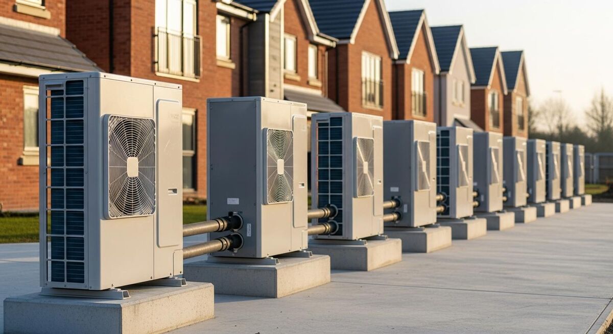 Row of air source heat pumps on plinths outside a UK housing development