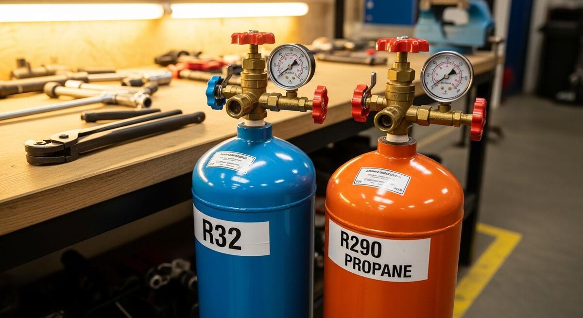 R32 and R290 propane refrigerant cylinders on a workbench