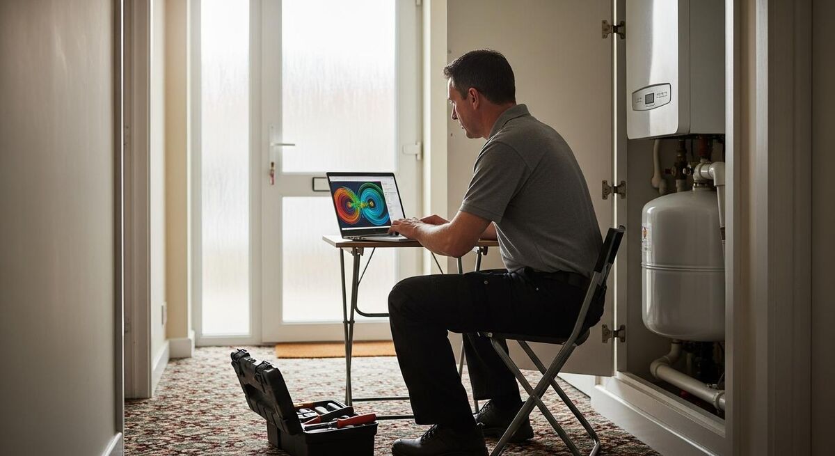 Heating installer reviewing heat loss calculations on a laptop in a customer hallway
