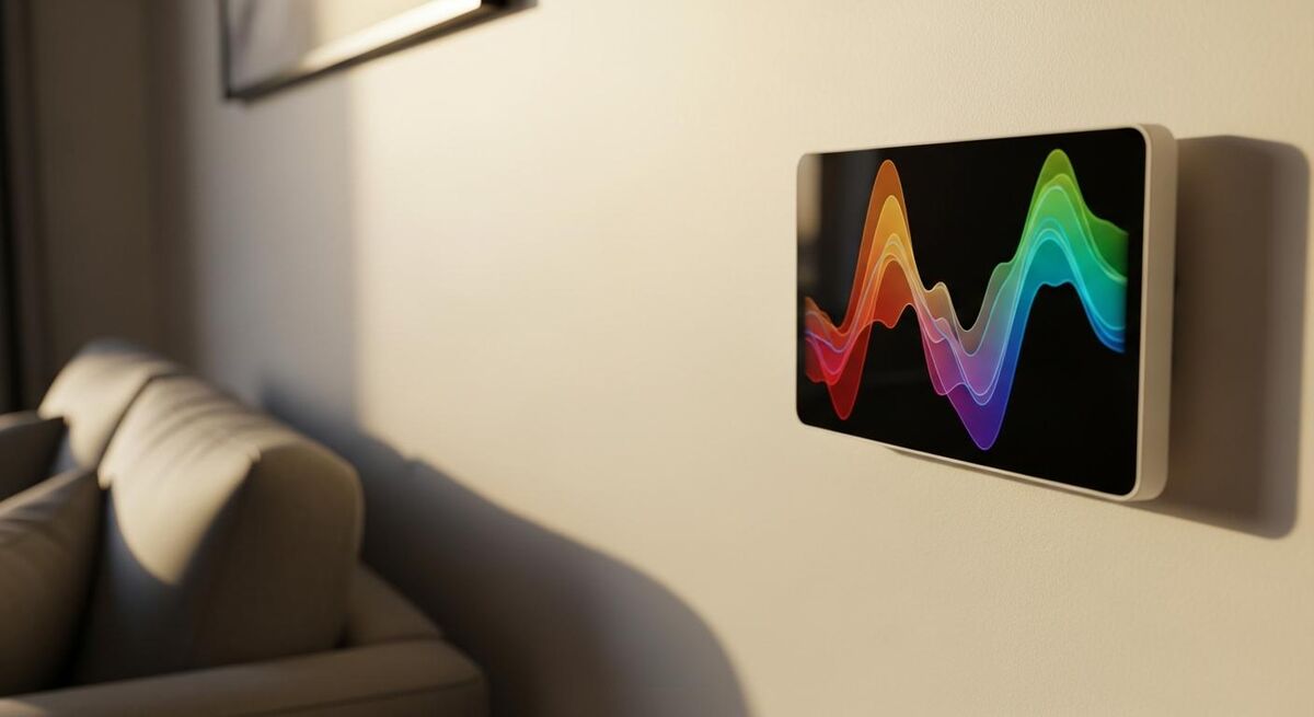 Smart thermostat mounted on a living room wall displaying energy usage data