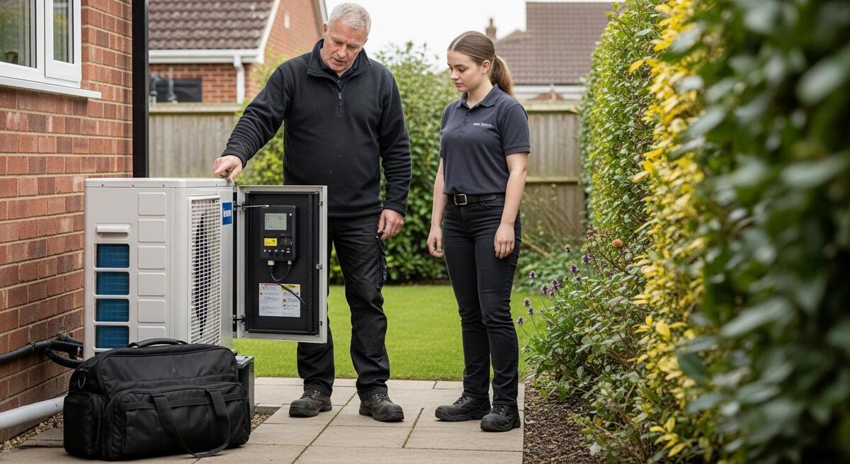 Experienced heating engineer mentoring a young apprentice next to a heat pump unit