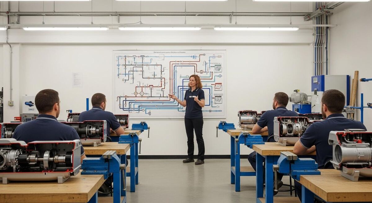 UK trade training classroom with heat pump diagrams on a whiteboard