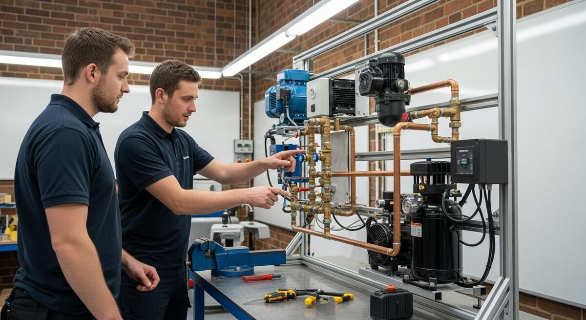 Heating engineer working on a heat pump system during a training course