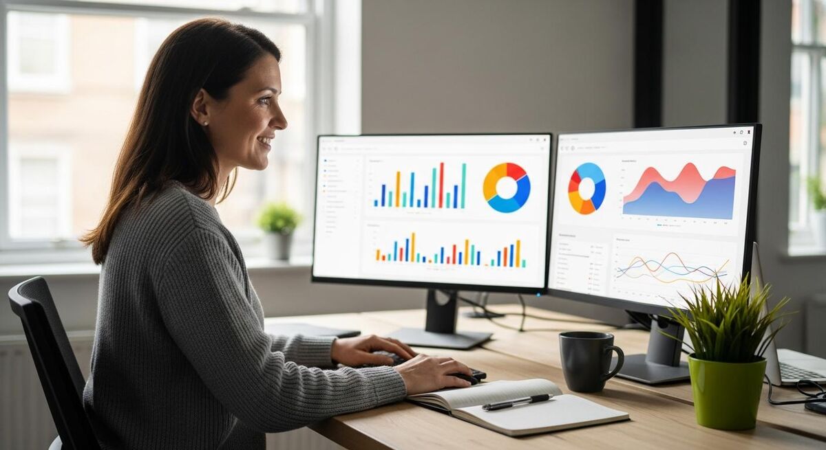 A UK office manager reviewing a Commusoft style dashboard showing planned maintenance contract renewal rates and revenue