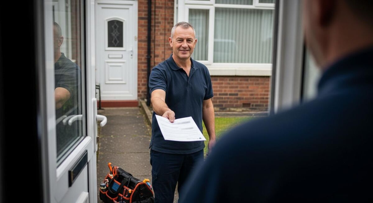 A UK plumber making the planned maintenance contract offer to a homeowner after finishing a boiler repair