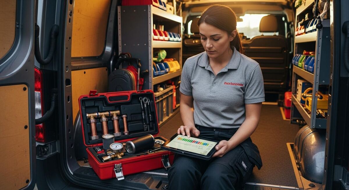 A UK heating engineer reviewing the next planned maintenance visit on a tablet in his van