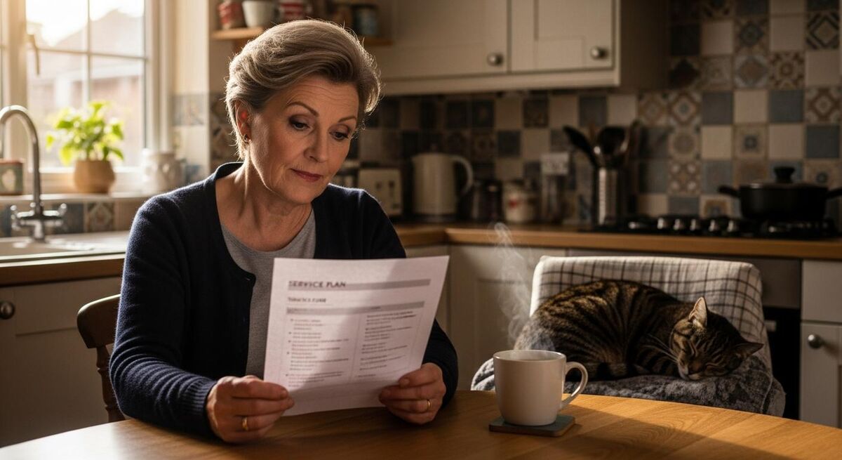 A homeowner reviewing a renewal notice for a heating service plan at her kitchen table