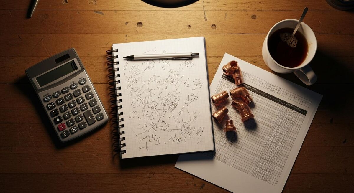 Tradespeople reviewing building plans and cost estimates spread across a work surface