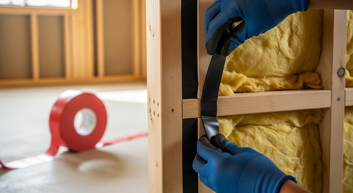 Close-up of construction worker applying insulation to timber frame wall panel