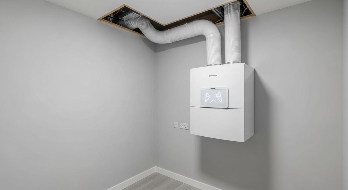 MVHR unit mounted on a wall with white ductwork running through a ceiling void