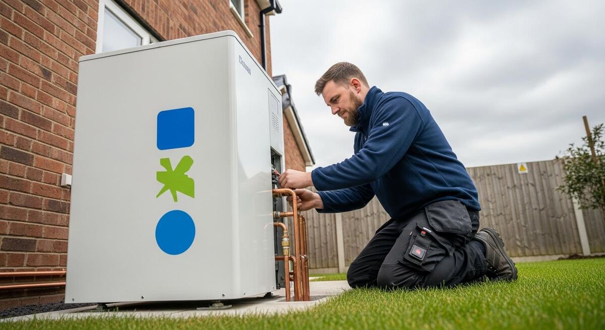Heating engineer examining a modern air source heat pump unit beside a new-build property