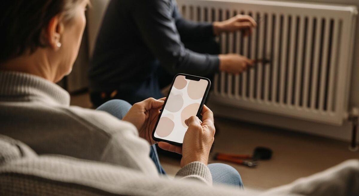 A homeowner reading online reviews on a phone while a heating engineer works in the background
