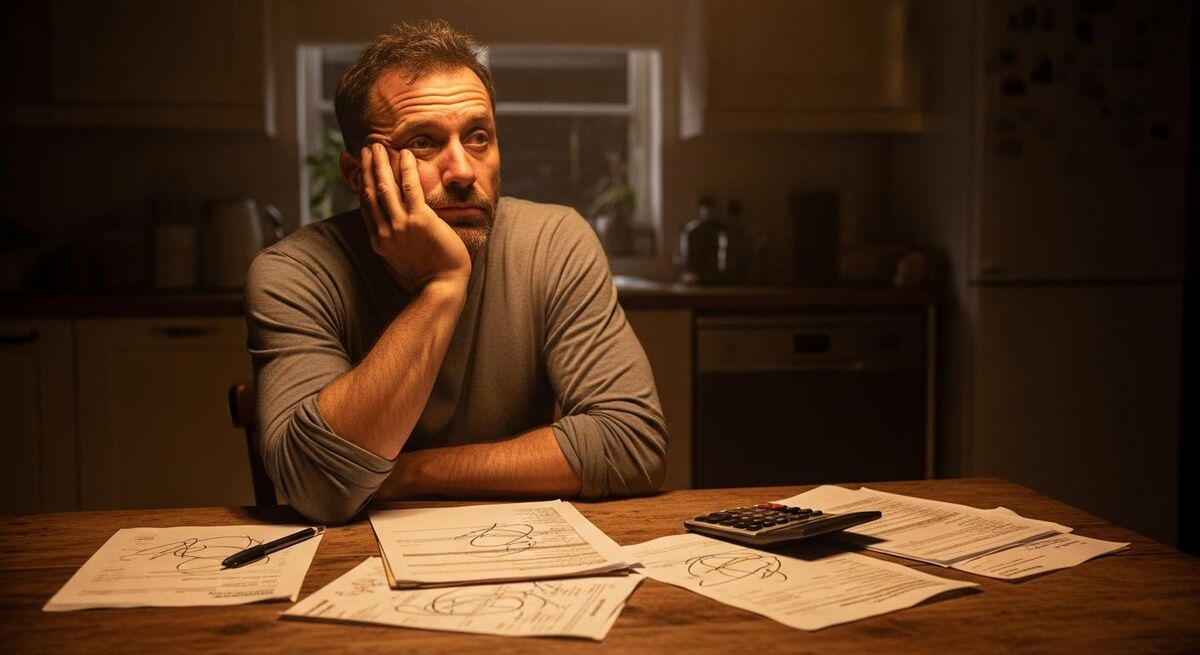 A heating engineer sitting at a kitchen table reviewing paperwork with a worried expression