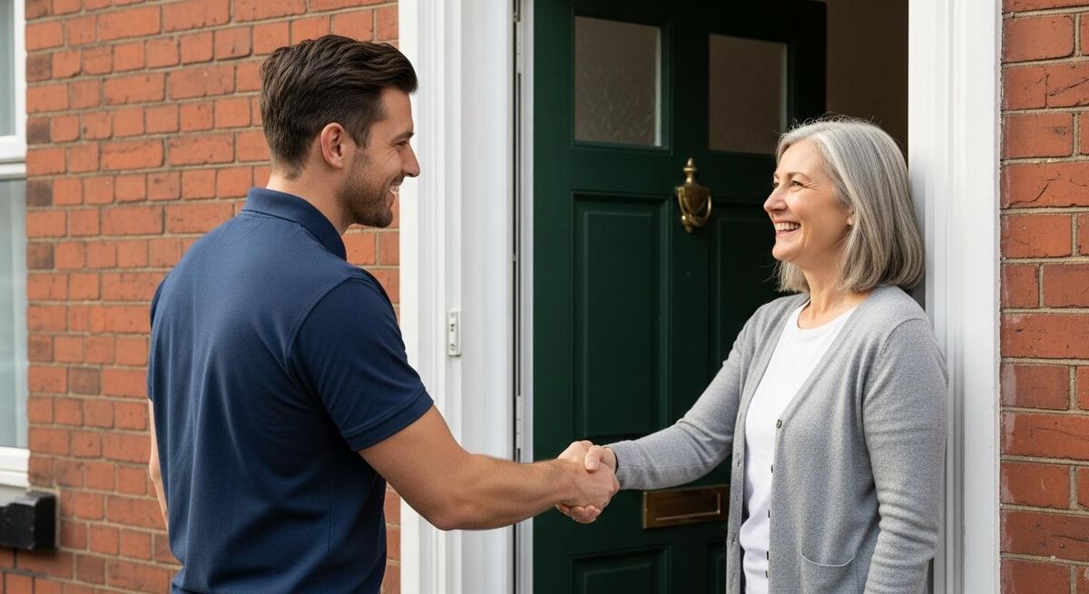 A heating engineer and homeowner shaking hands at a front door after agreeing work