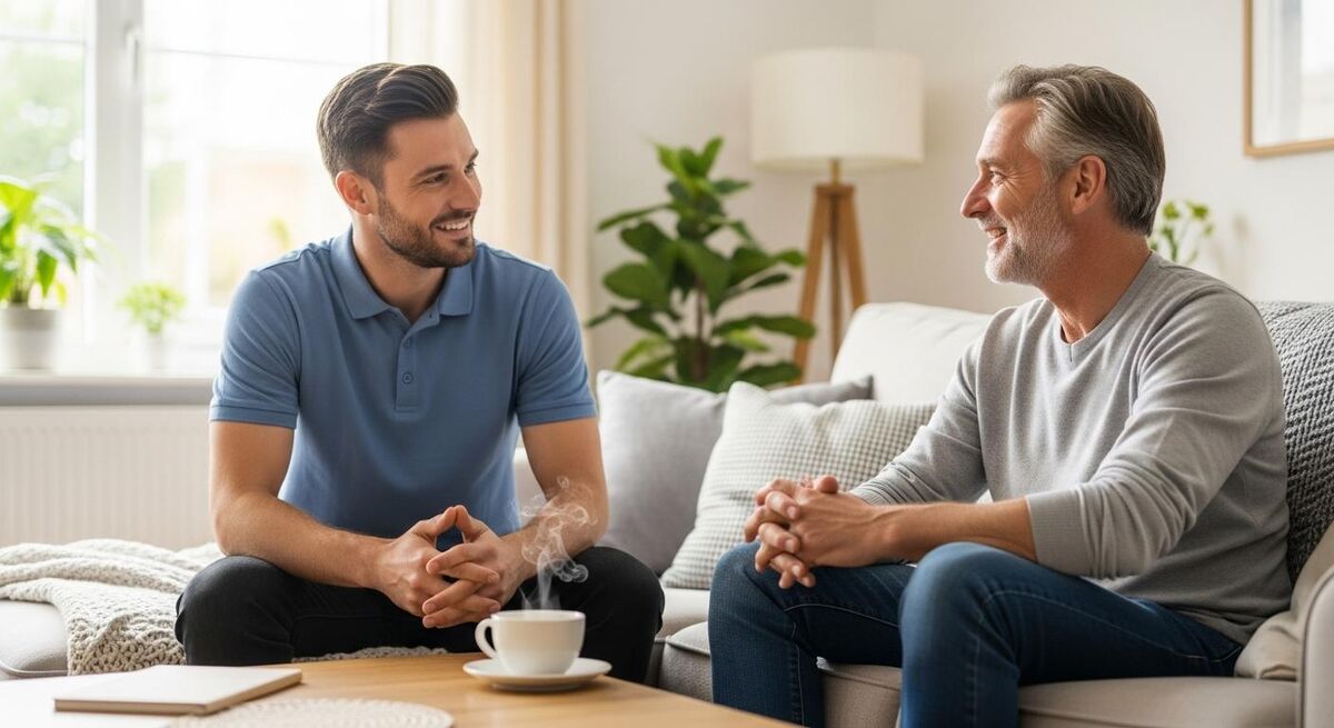 A heating engineer talking with a homeowner in a bright living room, both looking relaxed