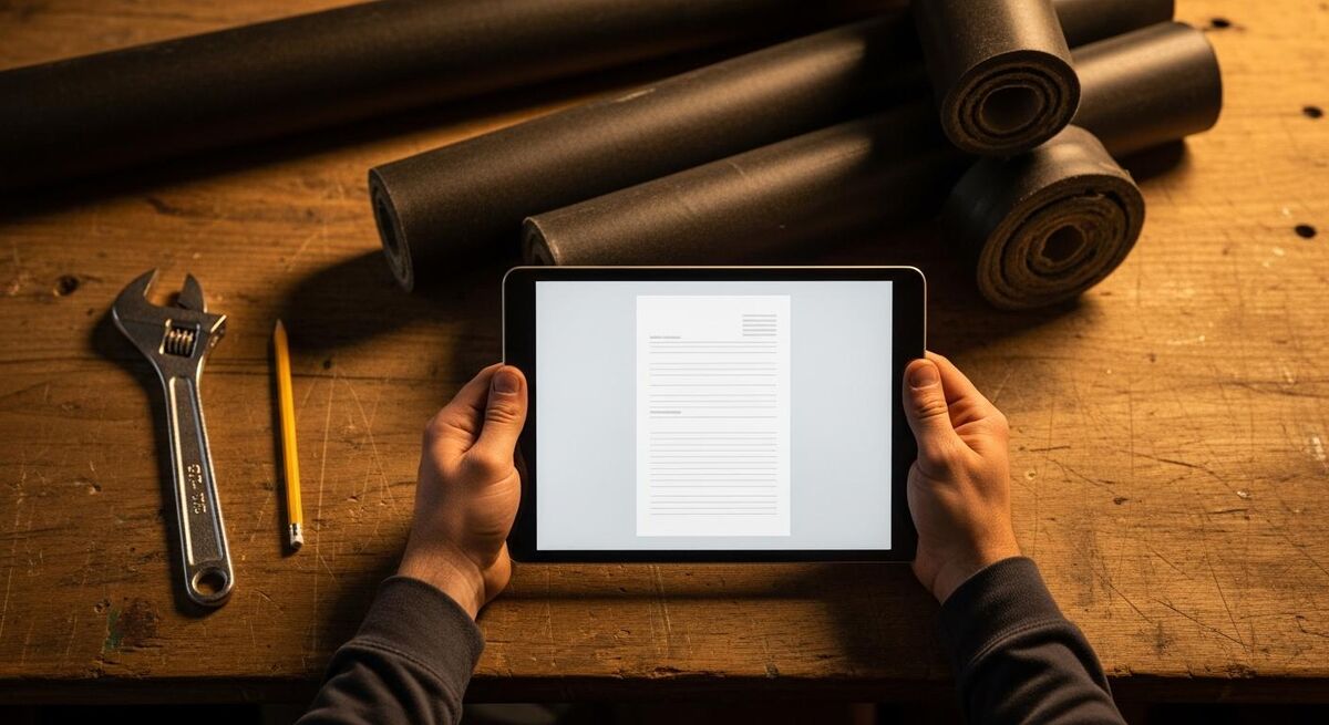 Workshop bench with a tradesperson reviewing a flagged receipt on a tablet against rolls of insulation