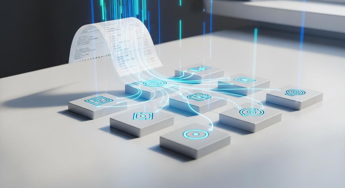 Abstract illustration of a receipt being scanned and broken into structured fields on a screen