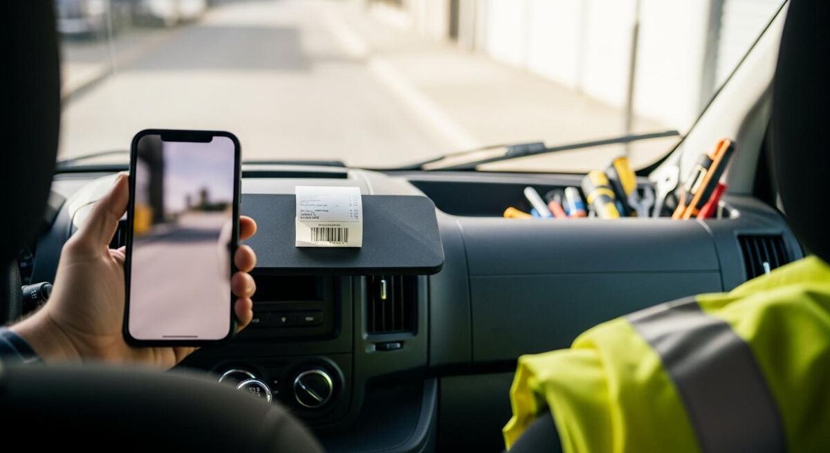Tradesperson photographing a receipt against a clean dashboard mat inside a van