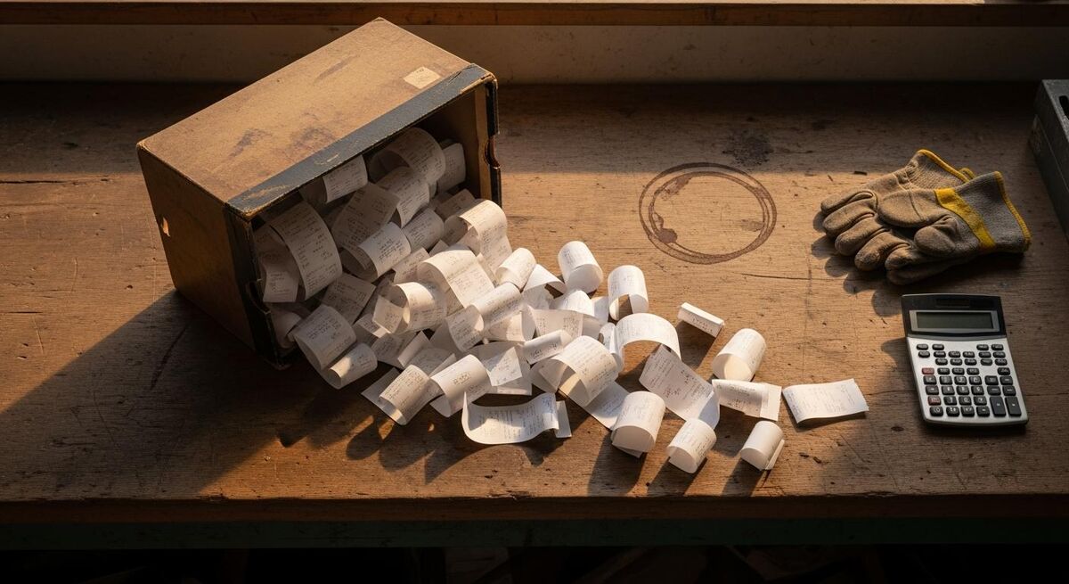 A tradesperson sorting a shoebox of faded thermal receipts on a workshop bench