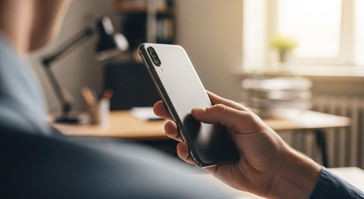 A person holding a phone seen from behind so the screen is not visible, about to tap to approve