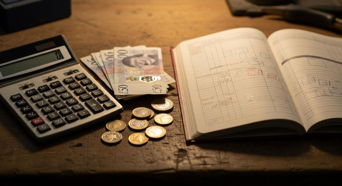 A close-up flat lay of a calculator, banknotes, coins and a paper ledger on a workbench