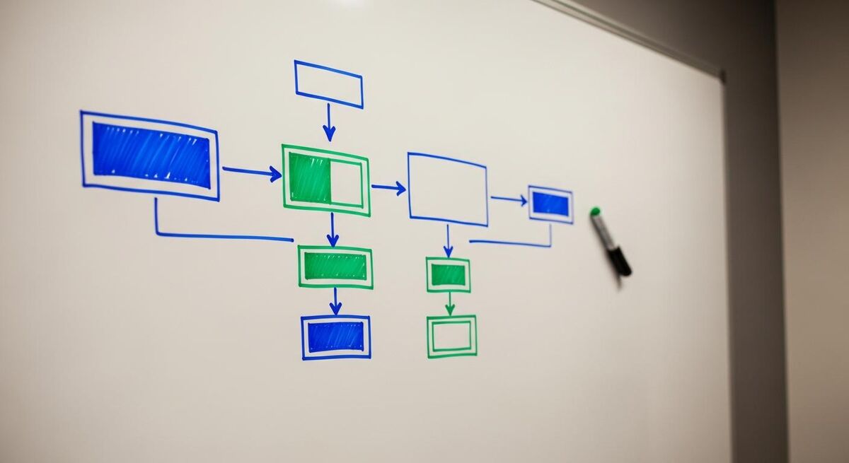 A whiteboard showing an abstract flowchart of boxes and arrows representing an automation sequence