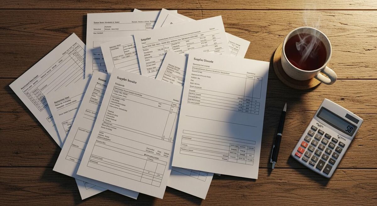 A stack of paper supplier invoices and statements on a desk beside a mug of tea