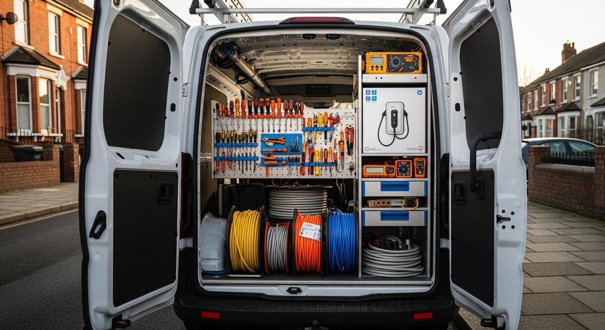 Electrician's van with tools and EV charger boxes loaded in the rear