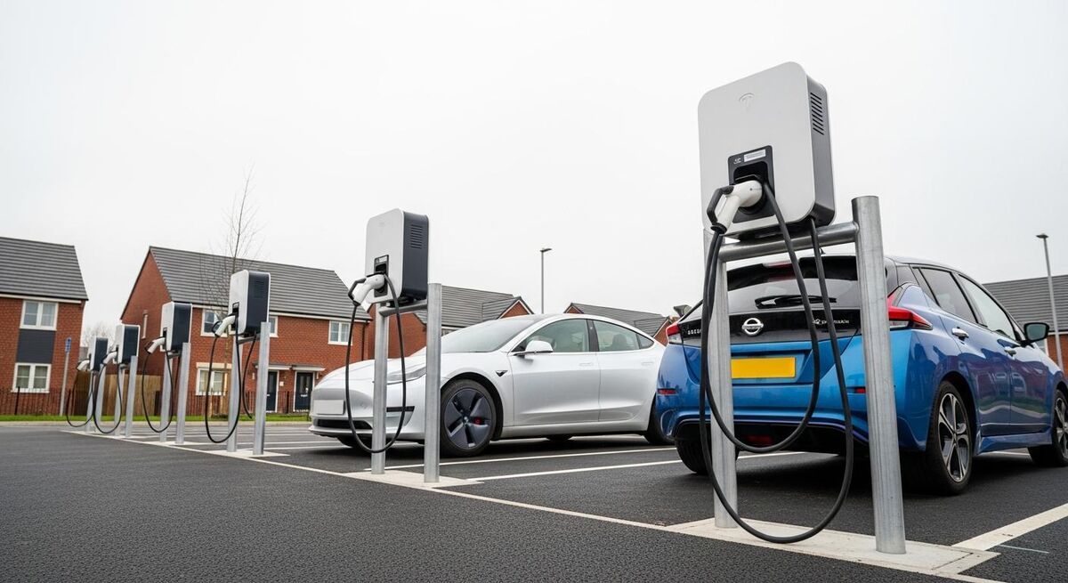 Electric vehicle plugged into a home wallbox charger on a residential driveway
