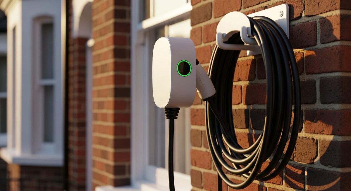 Smart EV charger mounted on a brick wall next to a residential front door